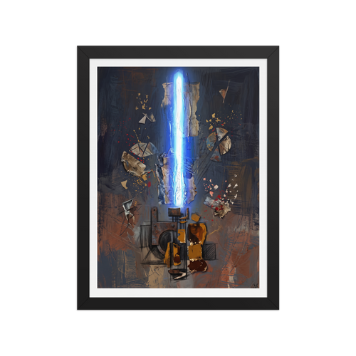 'Rift of Light', Dau-al-Set wall art in blue and brown. An abstract surreal painting depicting a glowing vertical blue beam rising from dark geometric machinery, surrounded by floating metallic debris and gold splatters, perfect for an office.