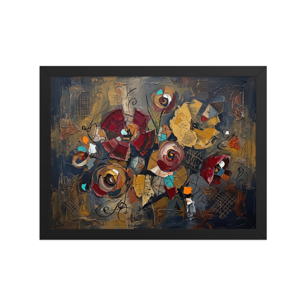A heavily textured impasto oil painting of abstract crimson and gold flowers intertwined with geometric shapes and calligraphic lines, perfect for a dining or living room. Shown here as the Dau-al-Set print 'Geometric Blooms'.