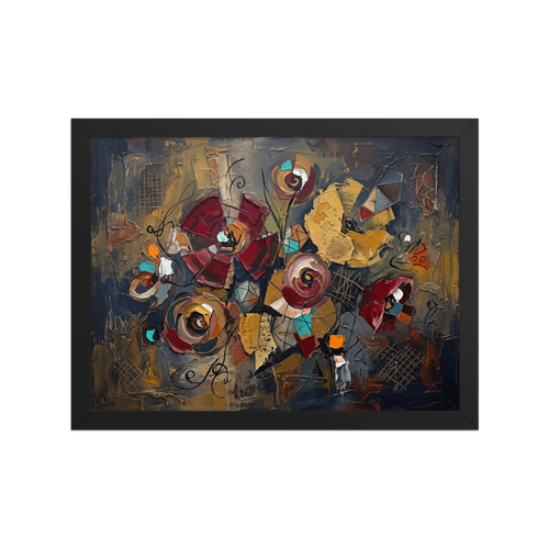 A heavily textured impasto oil painting of abstract crimson and gold flowers intertwined with geometric shapes and calligraphic lines, perfect for a dining or living room. Shown here as the Dau-al-Set print 'Geometric Blooms'.