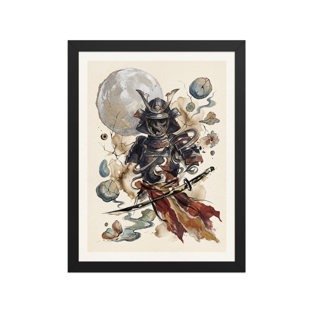 Dau-al-Set wall art, 'Shadow of the Warrior'. Surreal ink and watercolor painting of hollow samurai armor filled with swirling mist under a textured silver moon and floating stones, ideal for an office or library.