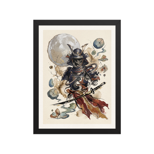 Dau-al-Set wall art, 'Shadow of the Warrior'. Surreal ink and watercolor painting of hollow samurai armor filled with swirling mist under a textured silver moon and floating stones, ideal for an office or library.