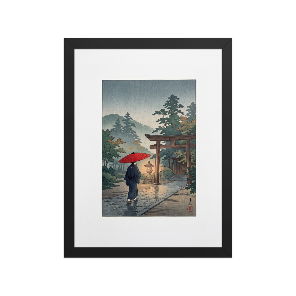 A person holding a red umbrella walks along a rain-slicked stone path toward an illuminated shrine gate in misty woods, ideal for a calm living room. 'Sanctuary in the Rain', a Shin hanga print for the wall.