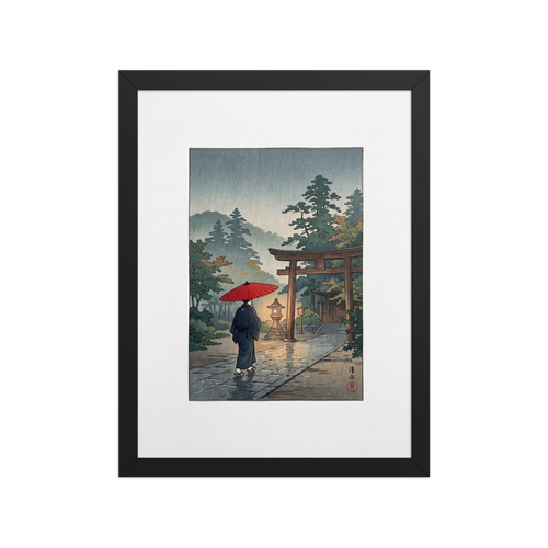 A person holding a red umbrella walks along a rain-slicked stone path toward an illuminated shrine gate in misty woods, ideal for a calm living room. 'Sanctuary in the Rain', a Shin hanga print for the wall.