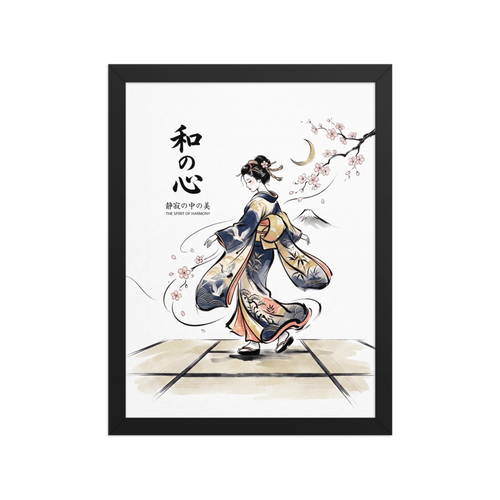A woman wearing a flowing crane-patterned kimono walks across tatami mats beside cherry blossoms and calligraphy reading The Spirit of Harmony, ideal for a serene bedroom. A Shin hanga art print titled 'Spirit of Harmony'.