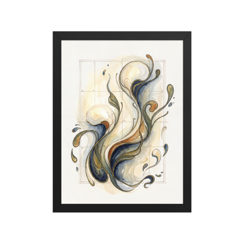 Swirling organic ribbons of indigo, olive, and amber outlined in gold breaking through a numbered geometric grid, creating an elegant wall art piece for a living room or office. Shown here as the Lyco art print 'Fluid Coordinates'.