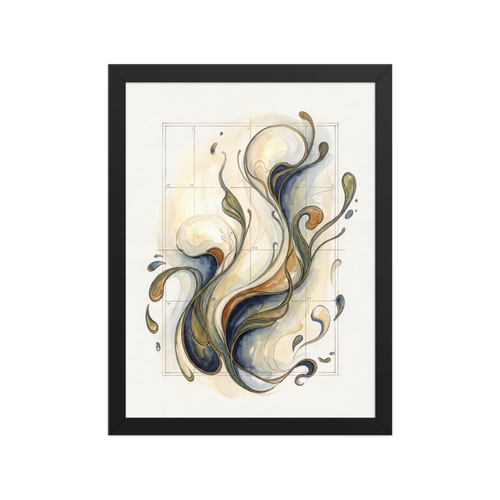 Swirling organic ribbons of indigo, olive, and amber outlined in gold breaking through a numbered geometric grid, creating an elegant wall art piece for a living room or office. Shown here as the Lyco art print 'Fluid Coordinates'.