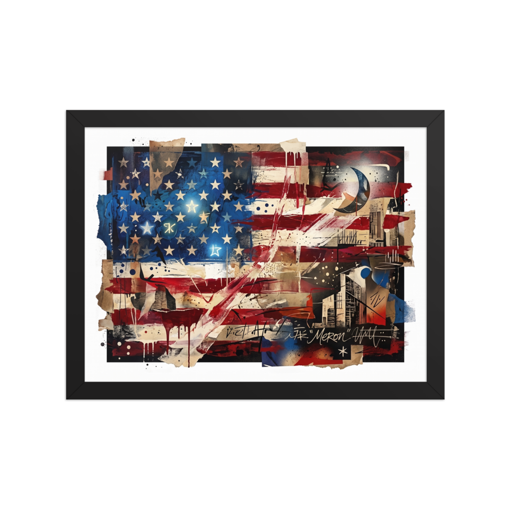 Fine art print 'Deconstructed Anthem' in a Dau-al-Set style. A deconstructed mixed media collage of the American flag with expressive drips and architectural fragments, perfect for an office or den.