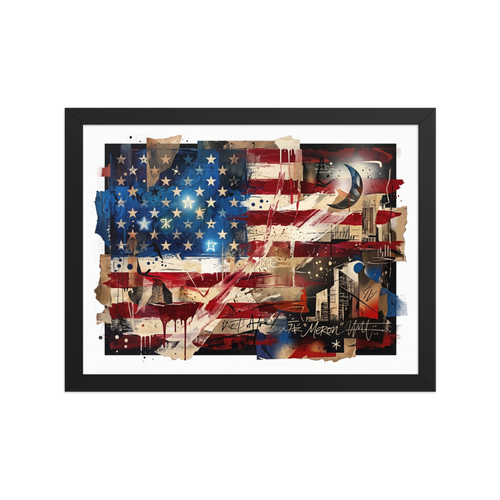 Fine art print 'Deconstructed Anthem' in a Dau-al-Set style. A deconstructed mixed media collage of the American flag with expressive drips and architectural fragments, perfect for an office or den.