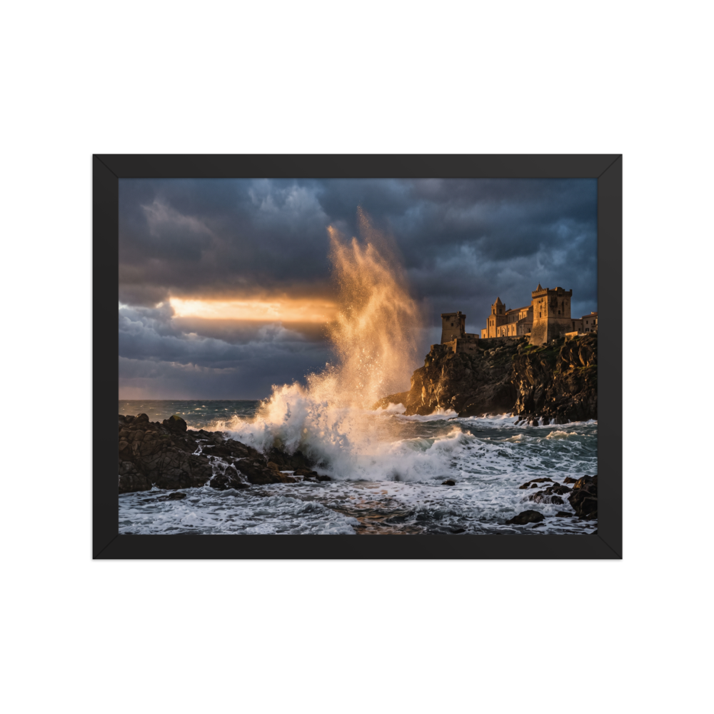 Wall art print 'Citadel of the Waves' in a Art photography style. A dramatic photograph of a massive golden wave crashing against rocky cliffs below an ancient coastal castle under storm clouds, perfect for a living room or study.