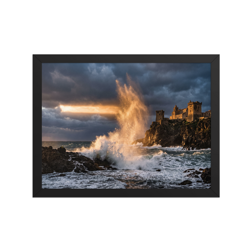 Wall art print 'Citadel of the Waves' in a Art photography style. A dramatic photograph of a massive golden wave crashing against rocky cliffs below an ancient coastal castle under storm clouds, perfect for a living room or study.