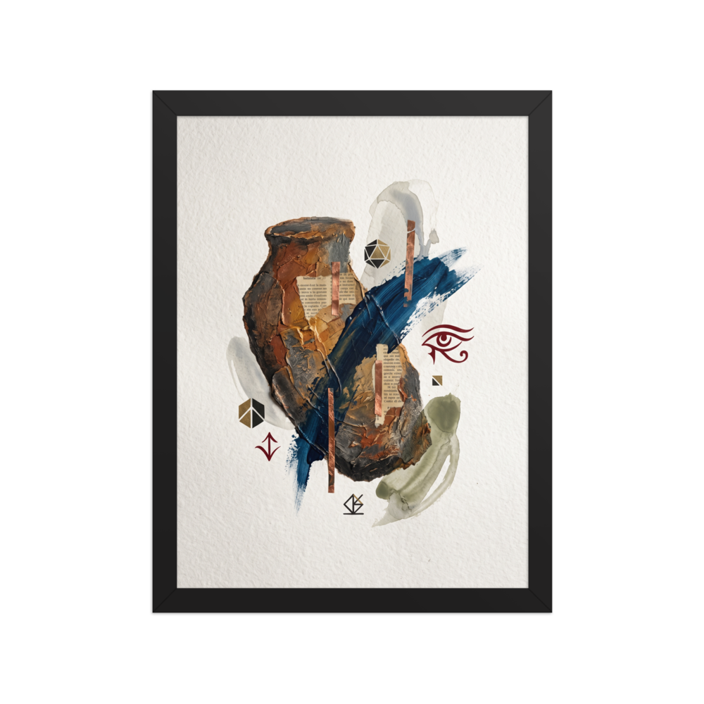 'Relics of the Mystic', Dau-al-Set wall art in brown and dark blue. A textured mixed-media collage featuring an ancient clay vessel form with a bold blue brushstroke, copper strips, and mystic symbols, ideal for a contemporary study or living room.