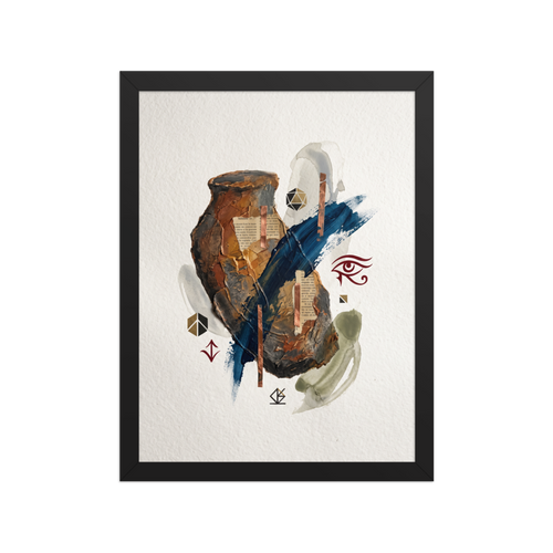 'Relics of the Mystic', Dau-al-Set wall art in brown and dark blue. A textured mixed-media collage featuring an ancient clay vessel form with a bold blue brushstroke, copper strips, and mystic symbols, ideal for a contemporary study or living room.