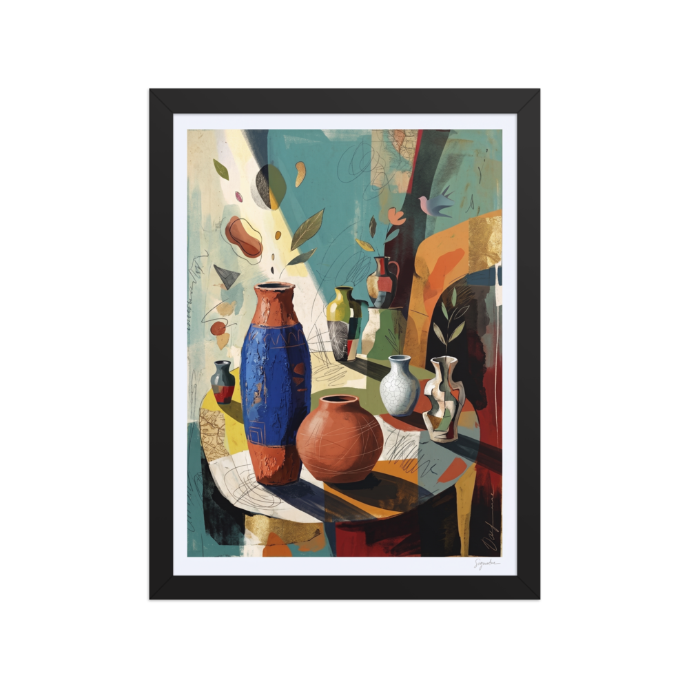 Fine art print 'Vessels of Light' in a Dau-al-Set style. An abstract still life of terracotta and blue ceramic vessels bathed in sunlight, perfect for brightening a dining room or kitchen.