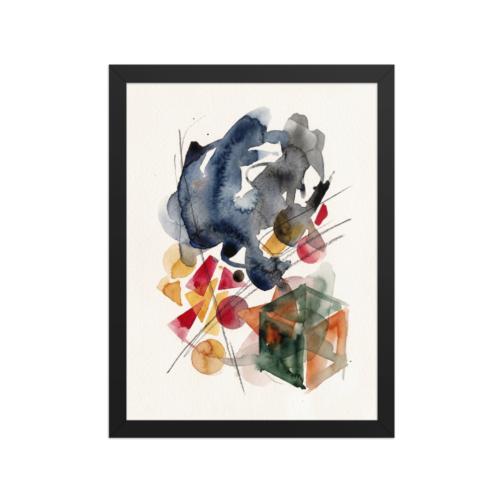 'Geometric Whispers', a Dau-al-Set wall art print. A minimalist watercolor and pencil abstract artwork featuring fluid indigo washes and geometric shapes, ideal for a serene office or study.