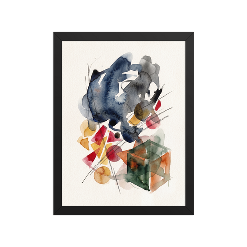 'Geometric Whispers', a Dau-al-Set wall art print. A minimalist watercolor and pencil abstract artwork featuring fluid indigo washes and geometric shapes, ideal for a serene office or study.