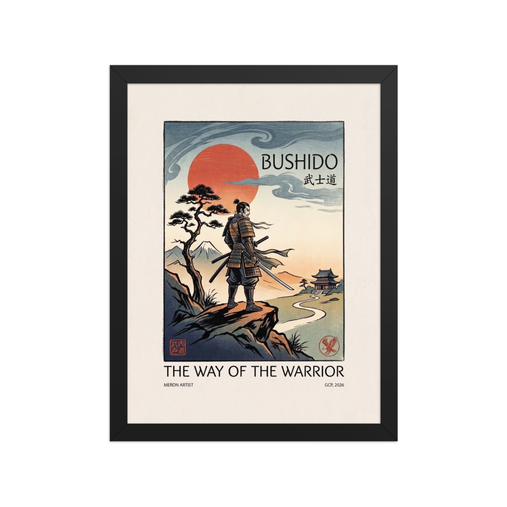 Shin hanga wall art for the office, 'Bushido Horizon'. An armored samurai warrior stands atop a rocky ridge overlooking Mount Fuji under a red sun and typography reading Bushido, perfect for an office.