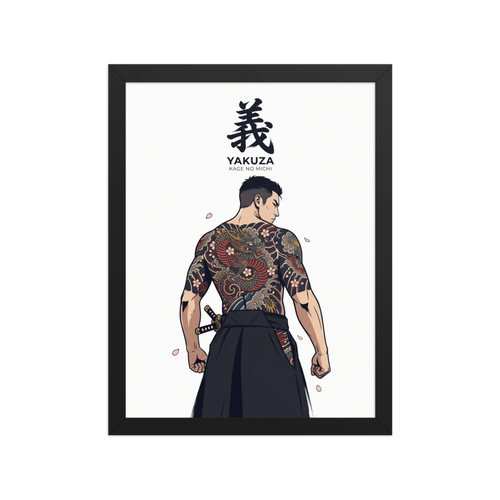 A striking scene in crimson and navy, 'Dragon Honor'. A man from behind displaying a detailed red dragon Japanese tattoo with calligraphy above, perfect for striking man cave wall art.