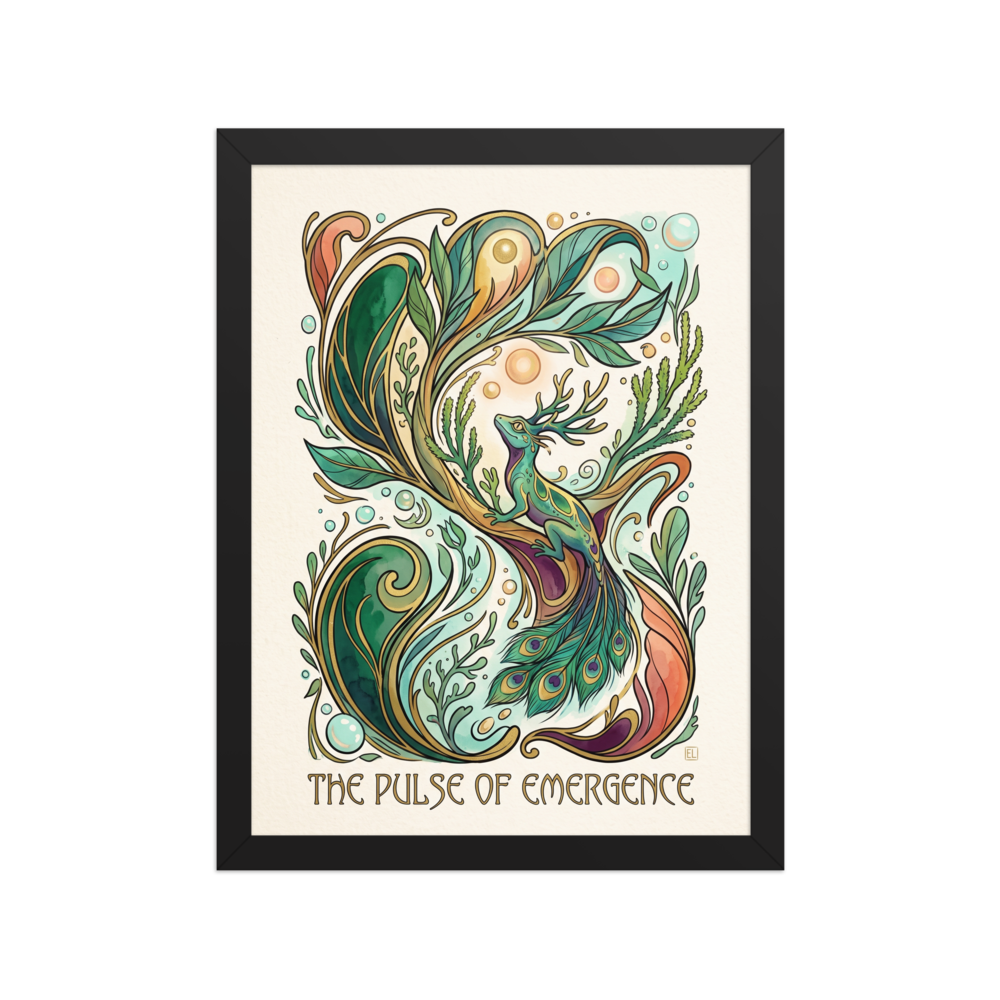 Lyco art wall art exploring fantasy, 'The Pulse of Emergence'. A whimsical green lizard with branching antlers and peacock feathers perches among swirling botanical vines and golden bubbles, creating an enchanting focal point for living room decor.