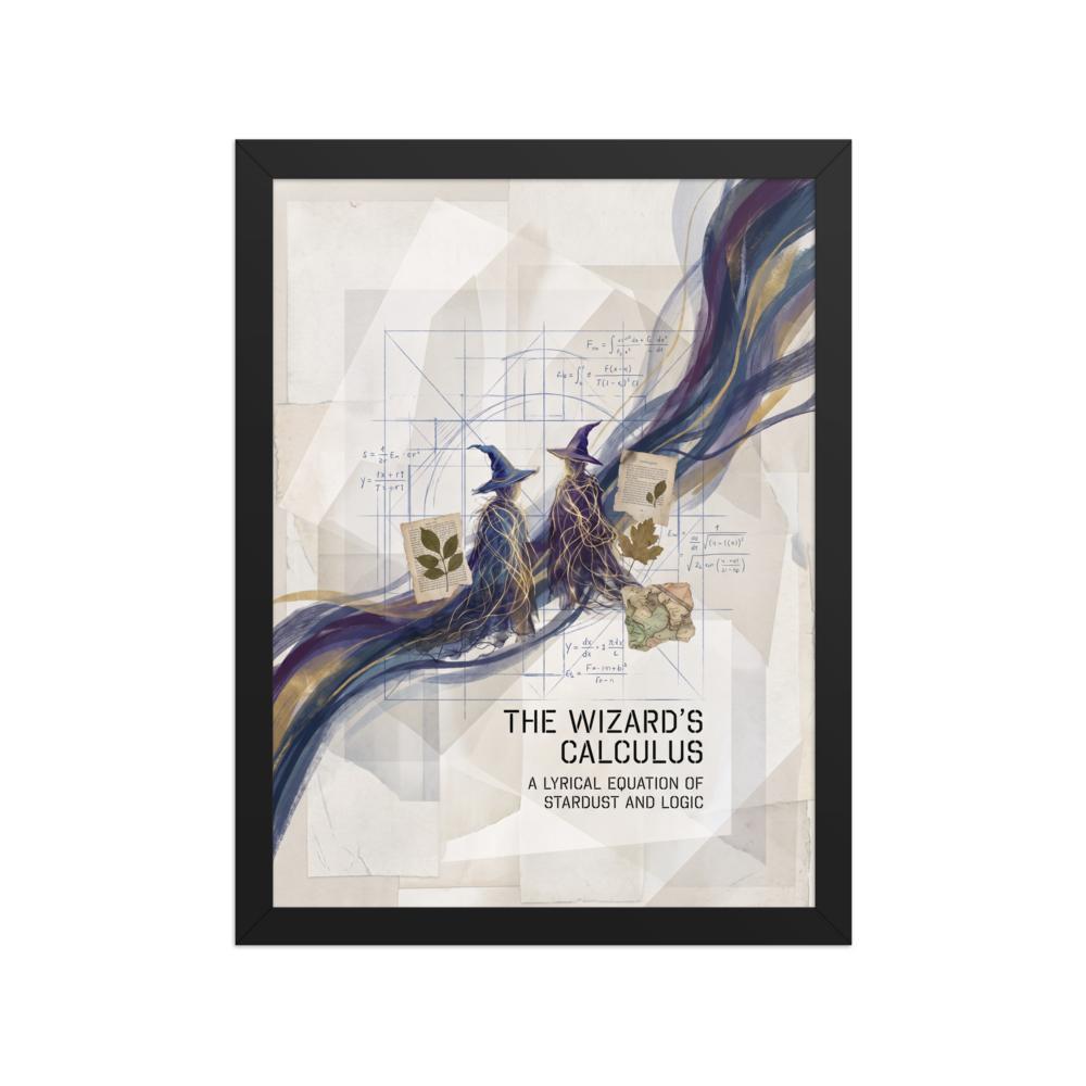 Lyco art wall art exploring fantasy, 'The Wizard's Calculus'. Two wizard figures in blue and violet cloaks surrounded by golden starlight, botanical leaves, and calculus equations on a blueprint grid, creating an enchanting art piece for a study or office.