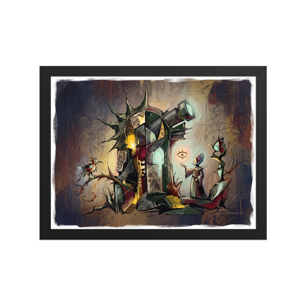 A surrealist painting depicting a robed scholar gesturing toward a floating eye near a gothic telescope tower and a perched bird, perfect for a quiet library or study. Available as the Dau-al-Set art print 'The Celestial Watcher'.