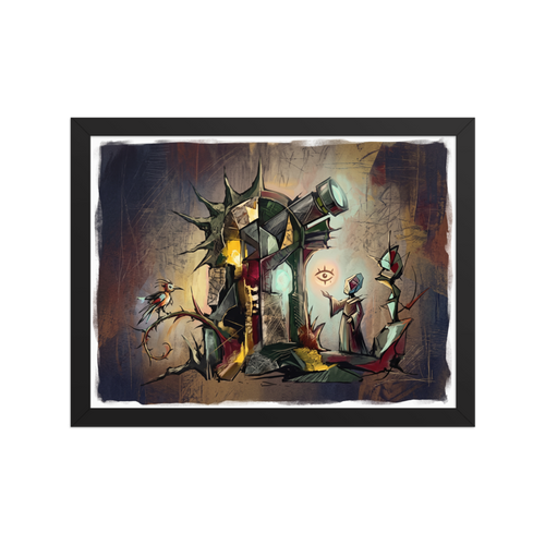 A surrealist painting depicting a robed scholar gesturing toward a floating eye near a gothic telescope tower and a perched bird, perfect for a quiet library or study. Available as the Dau-al-Set art print 'The Celestial Watcher'.
