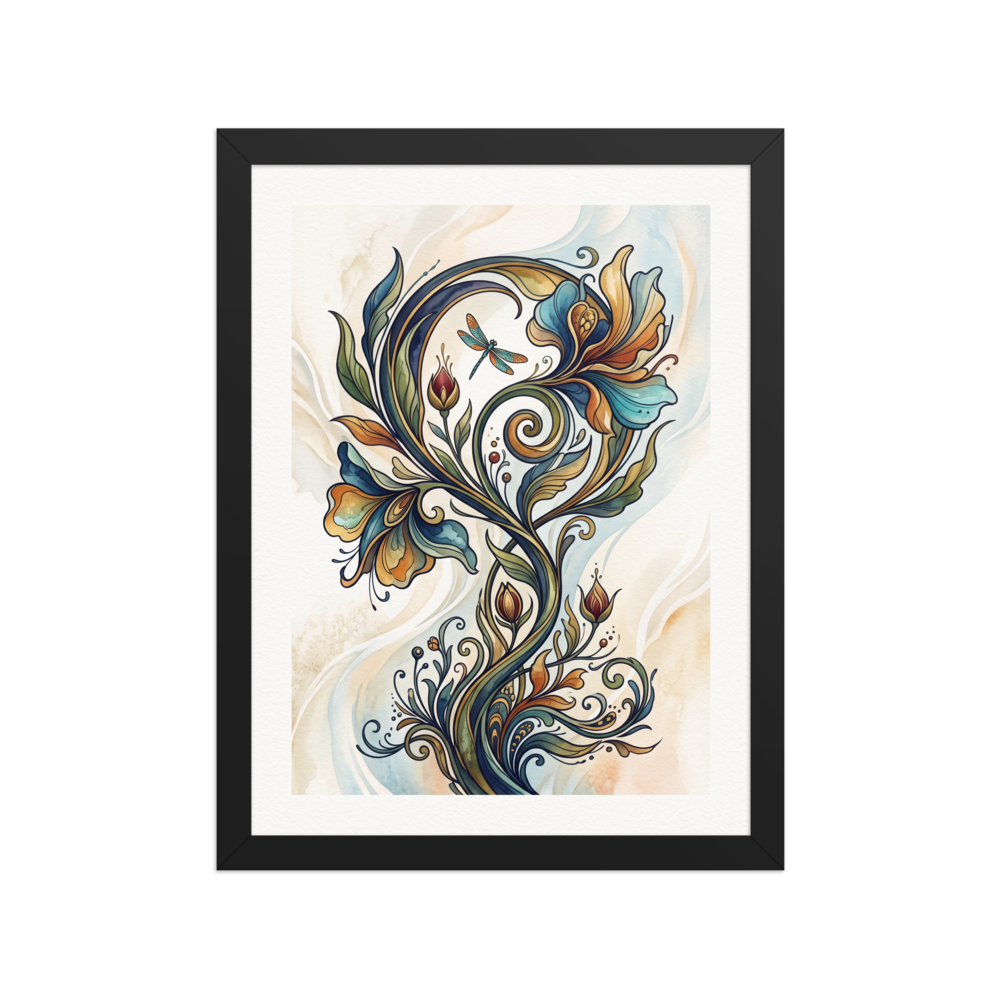 Art Nouveau wall art exploring floral, 'Dragonfly and the Sinuous Iris'. An Art Nouveau botanical watercolor of sinuous curving flowers in teal and gold with a delicate dragonfly, adding serene elegance to a bedroom or living room.