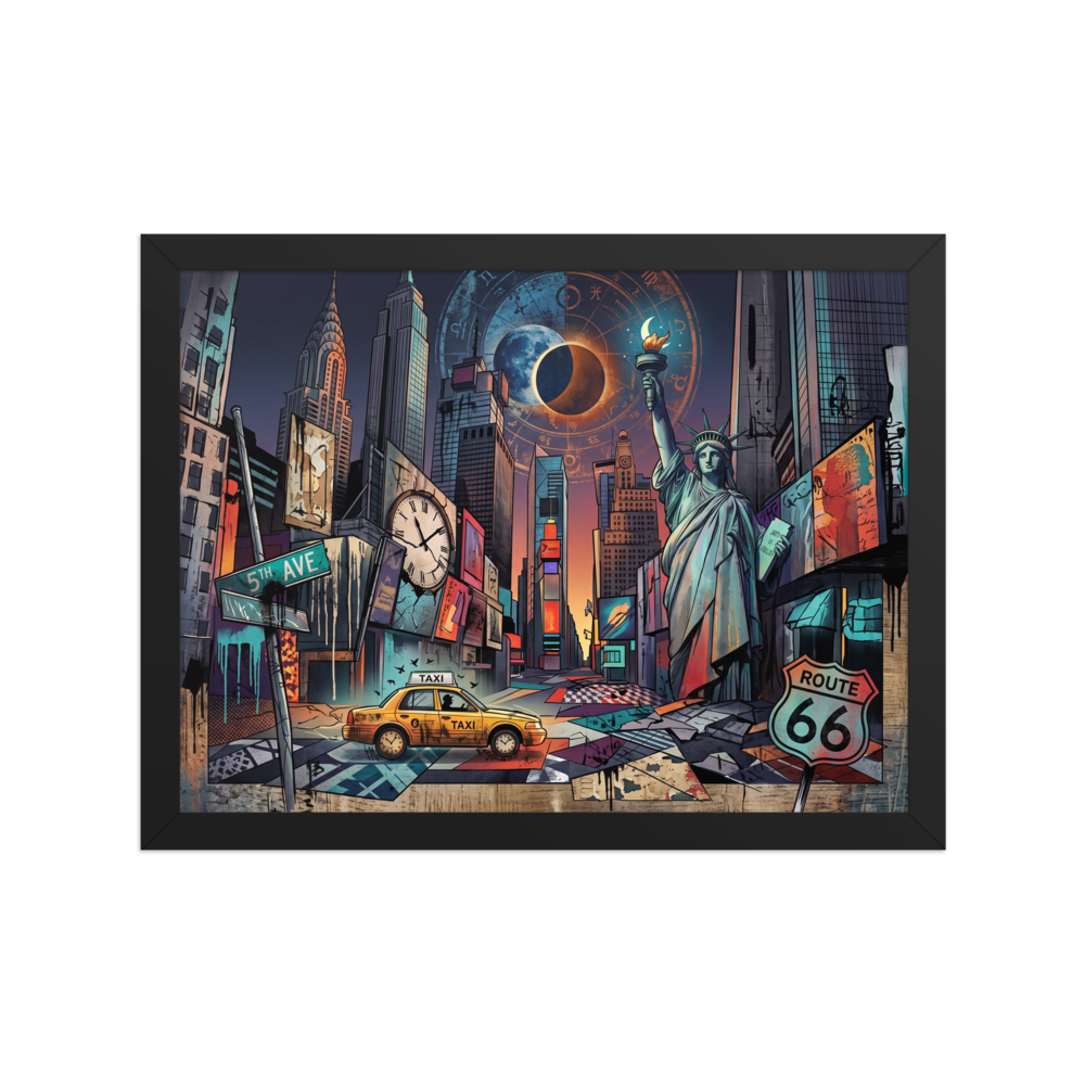 'The Eclipse over 5th Avenue', part of Meron's Dau-al-Set wall art. A surrealist illustration of New York City beneath a glowing solar eclipse and zodiac chart, featuring the Statue of Liberty, a yellow taxi, and a Route 66 sign.