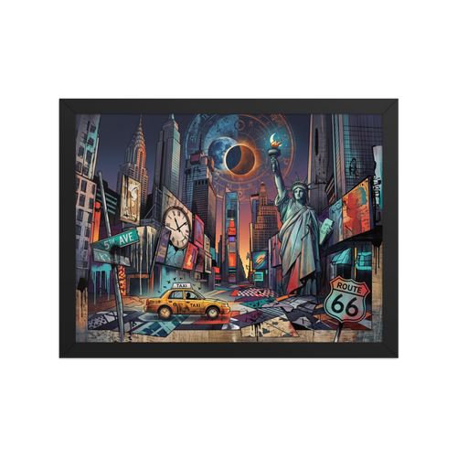 'The Eclipse over 5th Avenue', part of Meron's Dau-al-Set wall art. A surrealist illustration of New York City beneath a glowing solar eclipse and zodiac chart, featuring the Statue of Liberty, a yellow taxi, and a Route 66 sign.