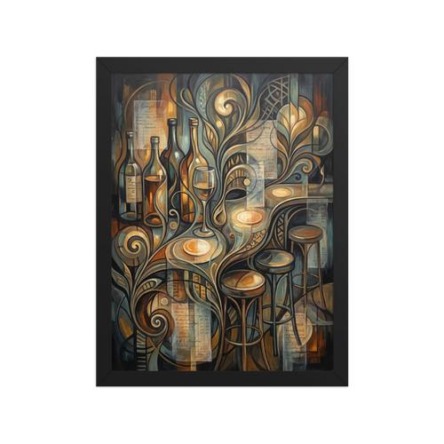 Lyco art wall art exploring food & drinks, 'The Ledger of Reverie'. An Art Nouveau oil painting of a bar counter with wine bottles, glowing glassware, and bar stools woven with vintage receipts and golden flourishes, ideal for a dining room or bar.