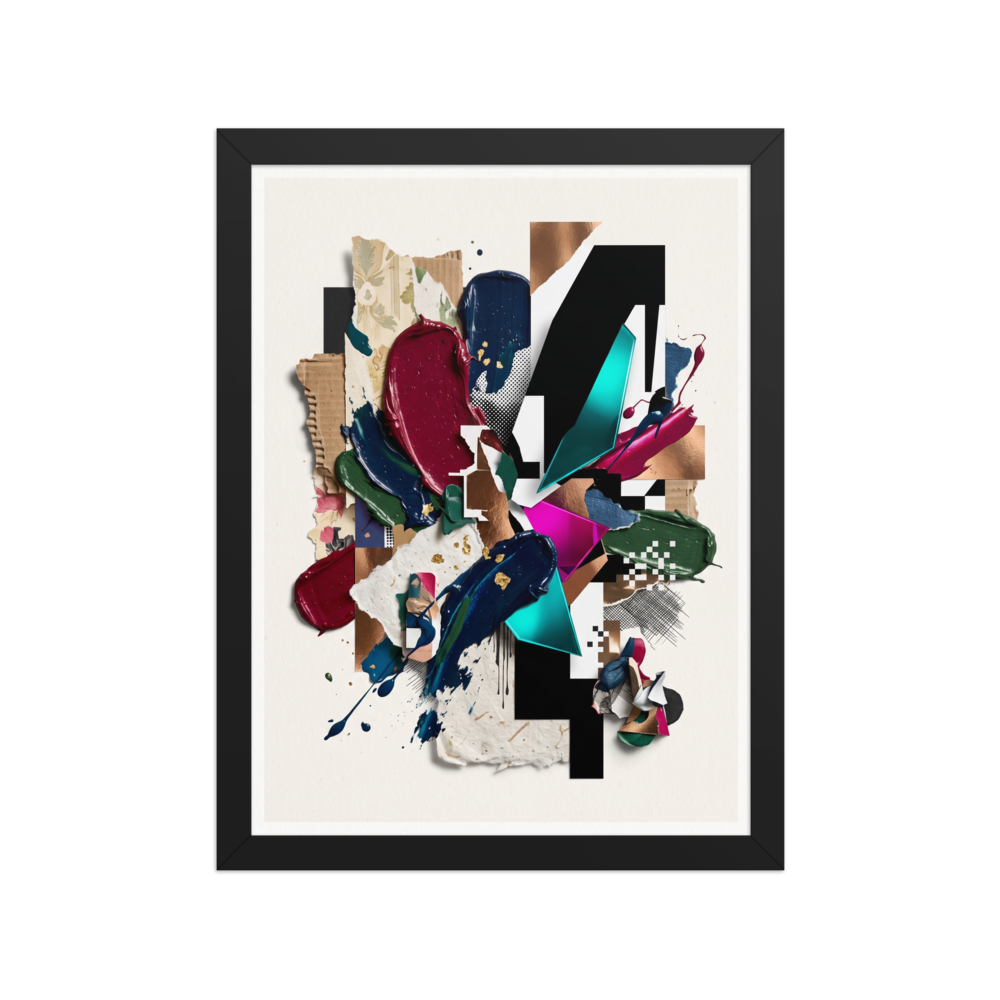 Fine art print 'Geometric Synthesis' in a Assemblage style. A modern mixed-media collage combining corrugated cardboard, thick paint smears, and bold geometric shapes, creating an eye-catching centerpiece for a Studio or Office.