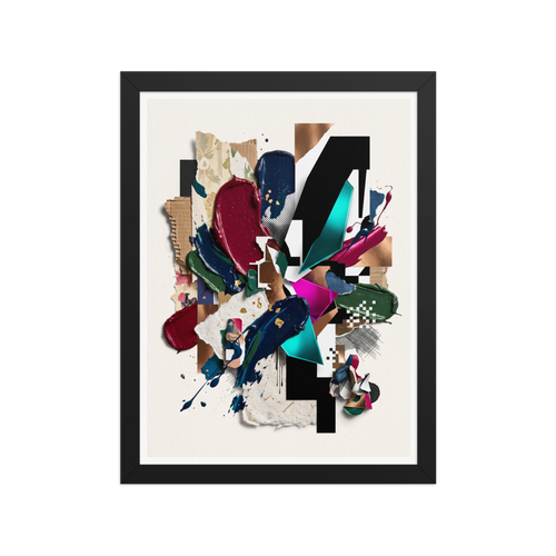 Fine art print 'Geometric Synthesis' in a Assemblage style. A modern mixed-media collage combining corrugated cardboard, thick paint smears, and bold geometric shapes, creating an eye-catching centerpiece for a Studio or Office.