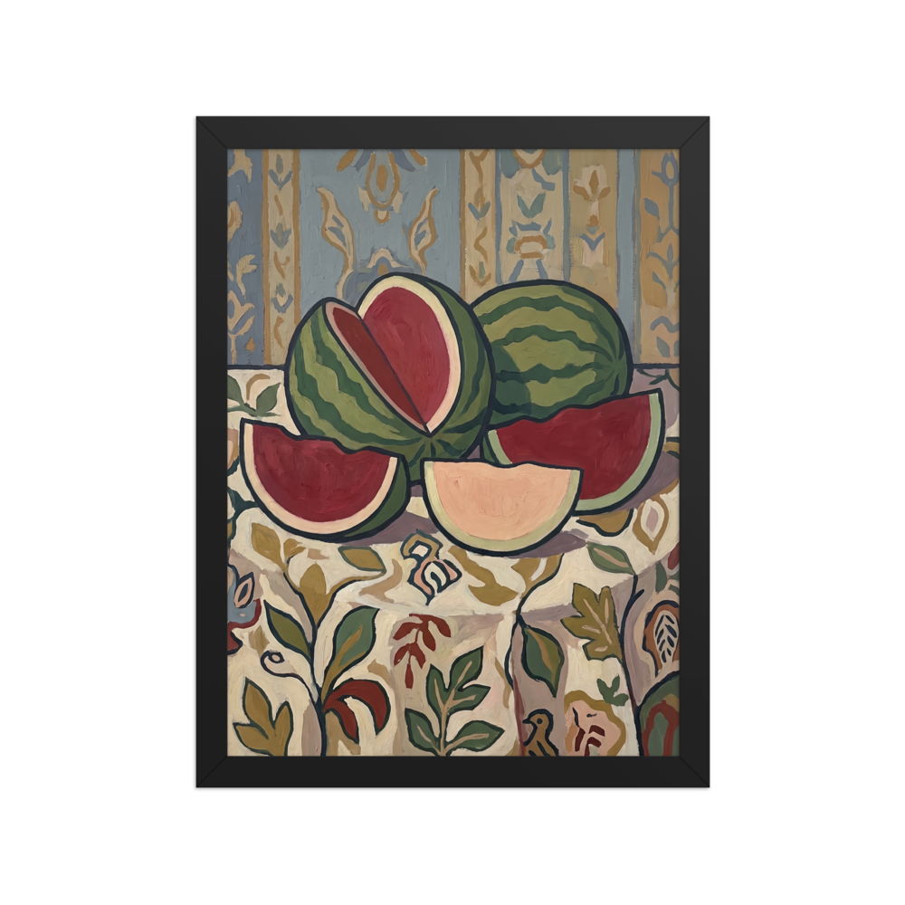 Vibrant still life featuring sliced green and red watermelons on an ornate tablecloth, ideal for Dining Room decor. Available as the Les Nabis art print 'Watermelon Still Life with Ornate Wallpaper'.