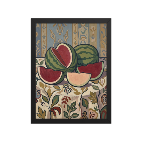 Vibrant still life featuring sliced green and red watermelons on an ornate tablecloth, ideal for Dining Room decor. Available as the Les Nabis art print 'Watermelon Still Life with Ornate Wallpaper'.