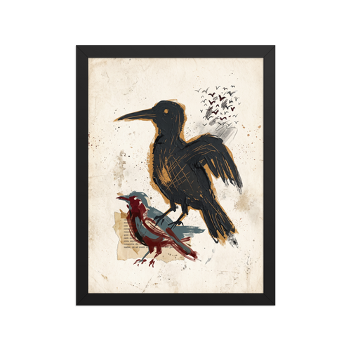 Dau-al-Set wall art, 'Sentinels of the Page'. An expressive mixed-media painting of a large black raven and a red bird on vintage parchment with paint splatters, perfect for a cozy library or office.