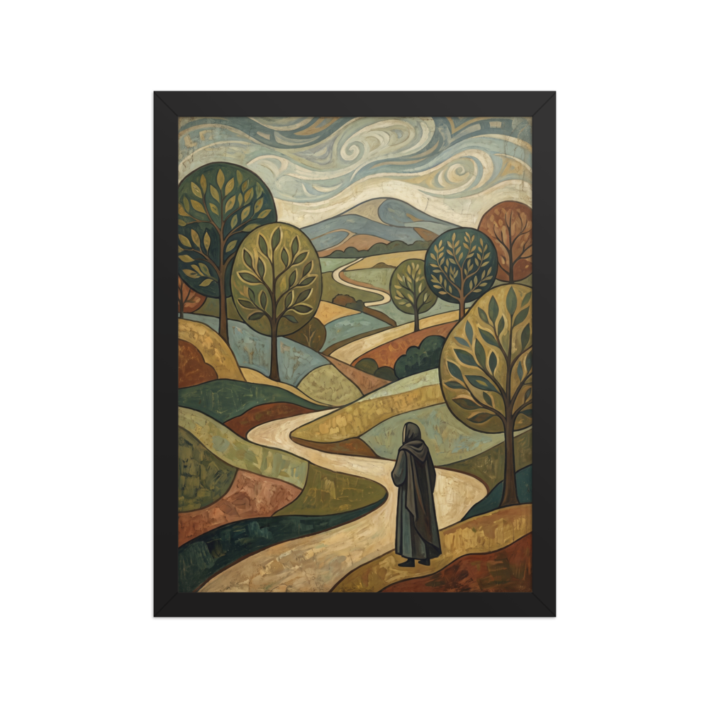 A decorative landscape painting of a cloaked figure walking on a winding path through rolling green and golden hills beneath swirling clouds, ideal for a living room or office. Shown here as the Les Nabis print 'The Winding Path'.