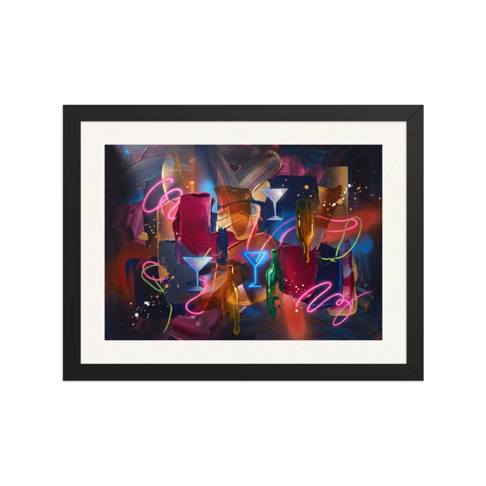 'Midnight Lounge Impasto', a Pop art wall art print. An abstract composition featuring glowing neon martini glasses and bottles over thick dark brushstrokes, perfect for elevating a home bar or cigar lounge.