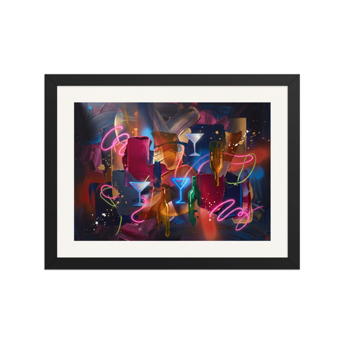 'Midnight Lounge Impasto', a Pop art wall art print. An abstract composition featuring glowing neon martini glasses and bottles over thick dark brushstrokes, perfect for elevating a home bar or cigar lounge.