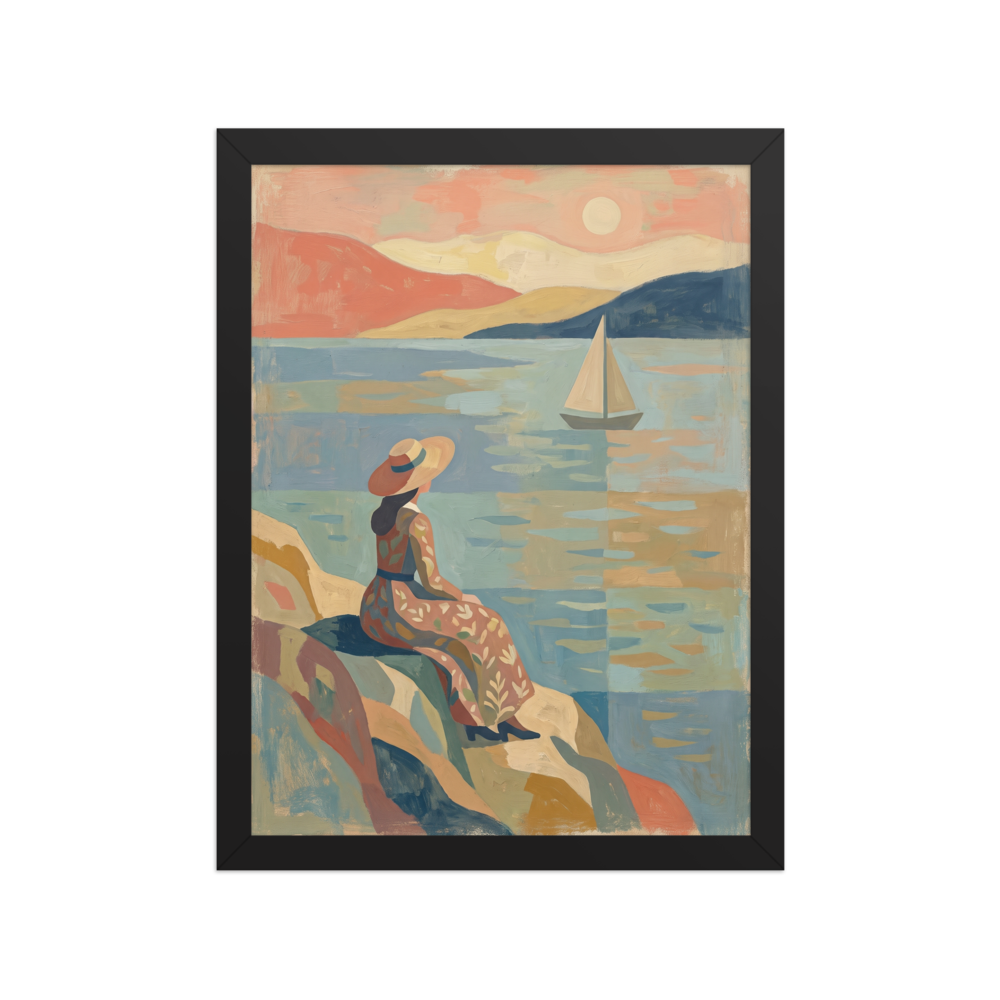 A serene Les Nabis coastal painting of a woman in a straw hat sitting on rocky cliffs looking out at a sailboat on calm waters under a soft peach sky, ideal for a bedroom or sunroom. Available as the Les Nabis art print 'Coastal Reverie'.