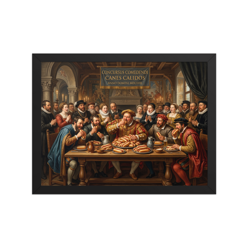 A classical Renaissance painting showing noblemen in 16th-century attire competing in a hot dog eating contest at a grand banquet table while courtiers cheer, suitable for a dining room or kitchen. A Renaissance print with a oil painting look, titled 'The Hot Dog Banquet'.