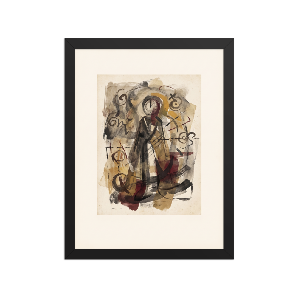 A surrealist watercolor wash depicting a standing figure with a clock for a head surrounded by arcane symbols and earthy brushstrokes, perfect for a quiet library or office. Shown here as the Dau-al-Set print 'The Keeper of Time'.
