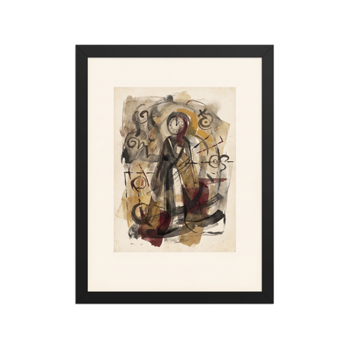 A surrealist watercolor wash depicting a standing figure with a clock for a head surrounded by arcane symbols and earthy brushstrokes, perfect for a quiet library or office. Shown here as the Dau-al-Set print 'The Keeper of Time'.