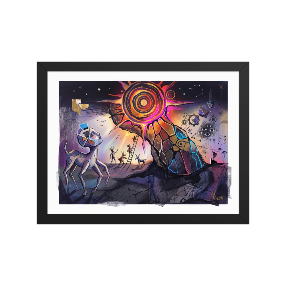'The Concentric Sun', a Dau-al-Set wall art print. Surreal multi-legged creatures gaze up at a radiant concentric sun with floating eyes and ladders against a starry sky, making a conversation piece for a living room.