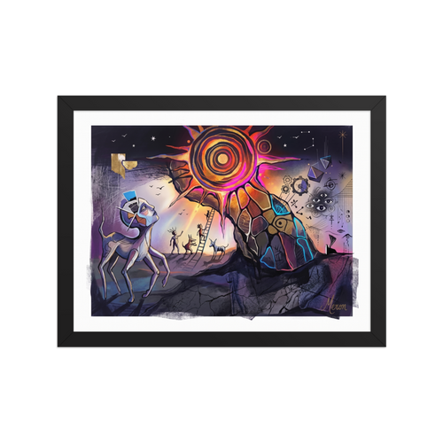'The Concentric Sun', a Dau-al-Set wall art print. Surreal multi-legged creatures gaze up at a radiant concentric sun with floating eyes and ladders against a starry sky, making a conversation piece for a living room.