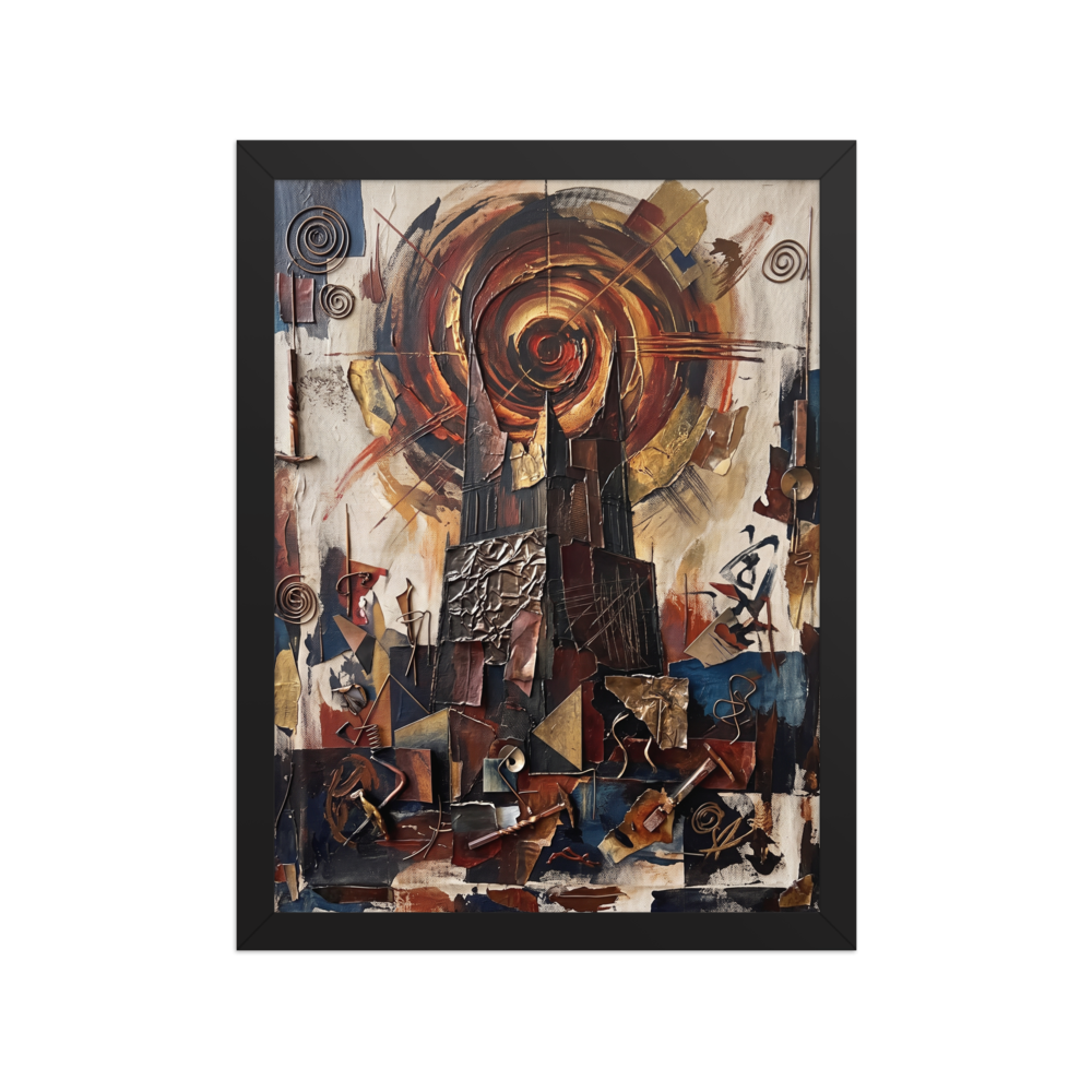 'Cathedral of the Sun' by Meron. An abstract impasto and assemblage painting depicting dark gothic spires beneath a swirling bronze vortex of sun, surrounded by metallic fragments and spirals, perfect for an office. A Dau-al-Set wall art print.