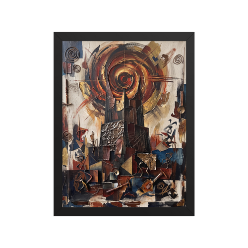 'Cathedral of the Sun' by Meron. An abstract impasto and assemblage painting depicting dark gothic spires beneath a swirling bronze vortex of sun, surrounded by metallic fragments and spirals, perfect for an office. A Dau-al-Set wall art print.