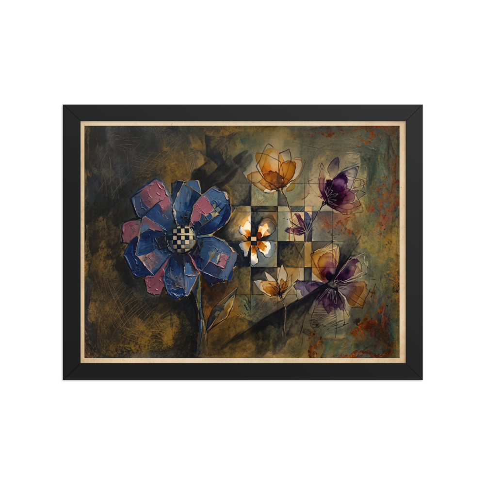 'Checkered Flora' by Meron. Textured blue and purple flowers with a checkerboard center float over an earthy geometric grid, making a refined focal point for a serene bedroom. A Dau-al-Set wall art print.