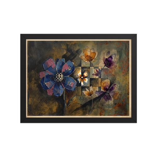 'Checkered Flora' by Meron. Textured blue and purple flowers with a checkerboard center float over an earthy geometric grid, making a refined focal point for a serene bedroom. A Dau-al-Set wall art print.