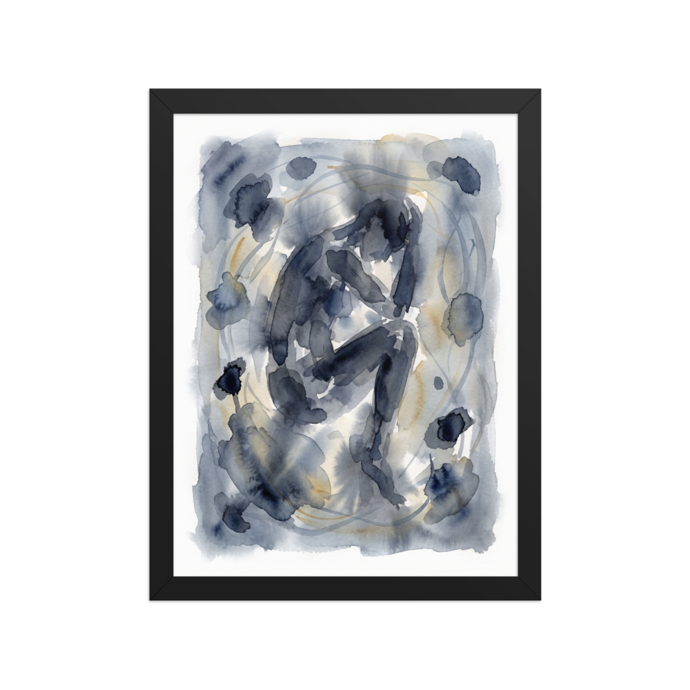 The Transgressive art print 'Quiet Solitude'. A dark indigo watercolor figure crouched in contemplation surrounded by ink splotches, making a moody statement piece for a quiet bedroom or office.
