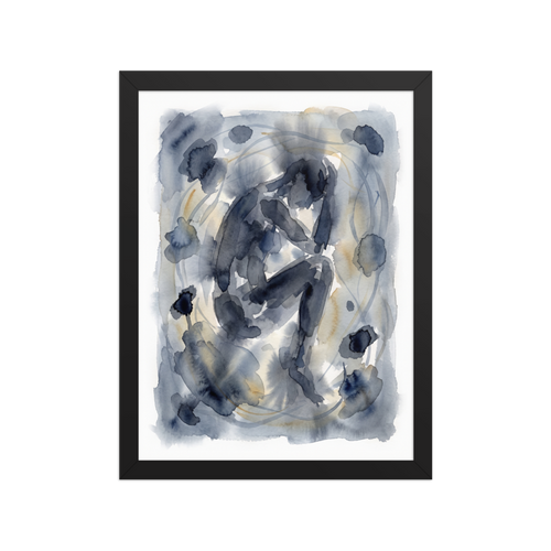 The Transgressive art print 'Quiet Solitude'. A dark indigo watercolor figure crouched in contemplation surrounded by ink splotches, making a moody statement piece for a quiet bedroom or office.