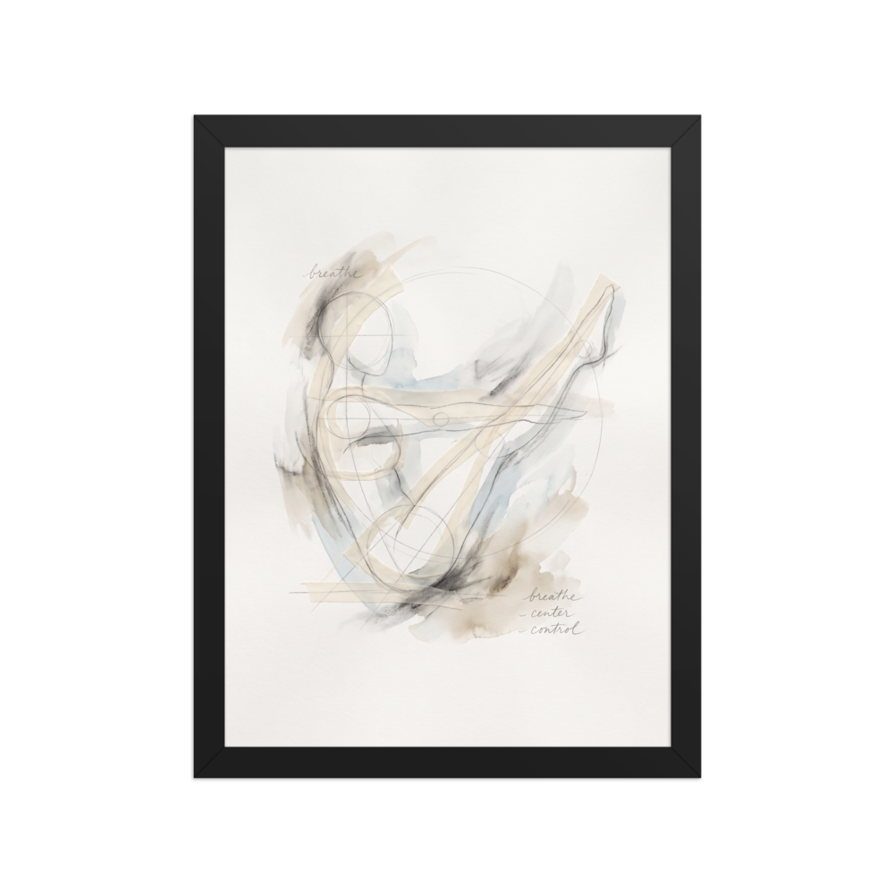 A minimalist figure sketch in soft watercolor washes with gentle geometric lines and the handwritten words breathe, center, and control, creating a tranquil focus for a meditation room or bedroom. Shown here as the Lyco art print 'Breathe and Center'.
